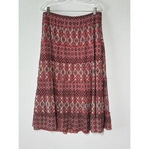 Cottagecore Tiered Midi Skirt Red White Elastic Waist‎ Chiffon Western Picnic Lg